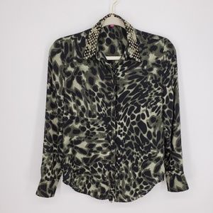 Vince Camuto Olive Leopard Print Blouse Sz XS